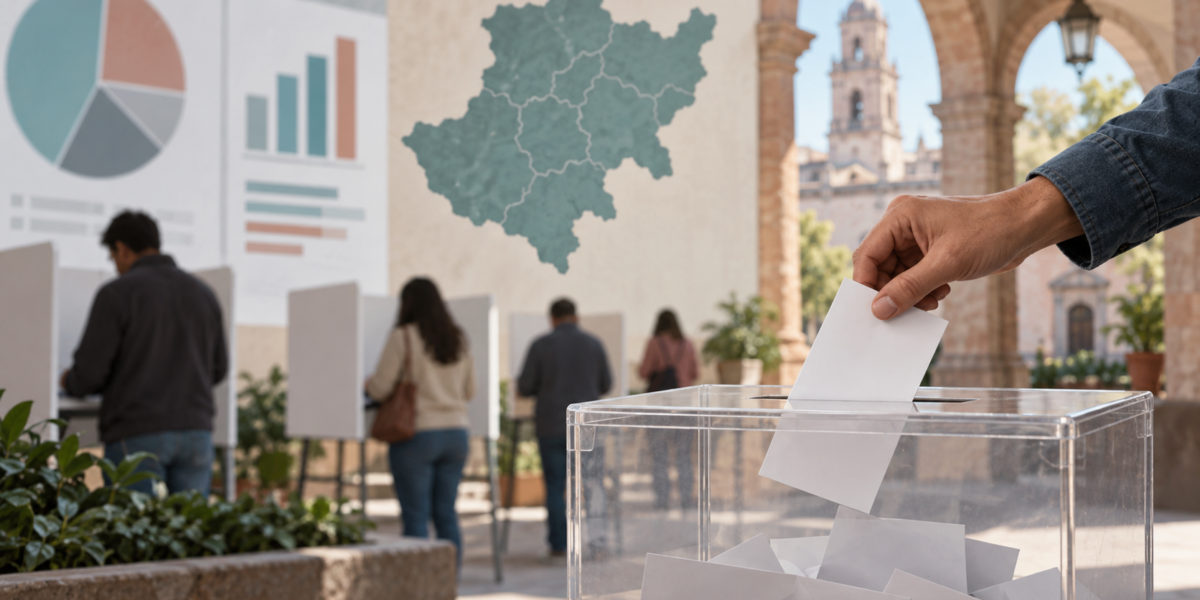 Ilustración neutral de una persona depositando una papeleta en una urna transparente, con votantes y un mapa de Michoacán al fondo.