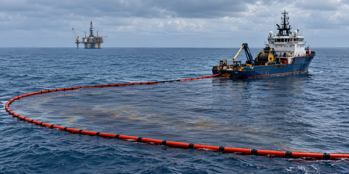Embarcación y barreras de contención durante una operación de respuesta en el mar